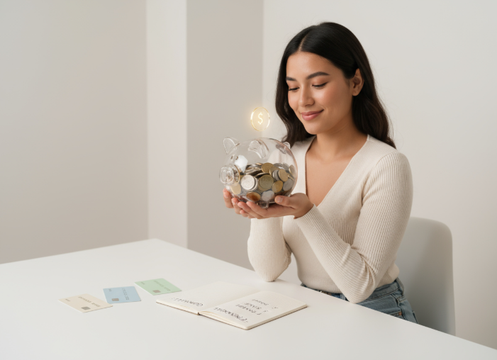 Mujer sosteniendo una alcancía transparente llena de monedas, representando la importancia del ahorro personal y la planificación financiera responsable con Coefra.
