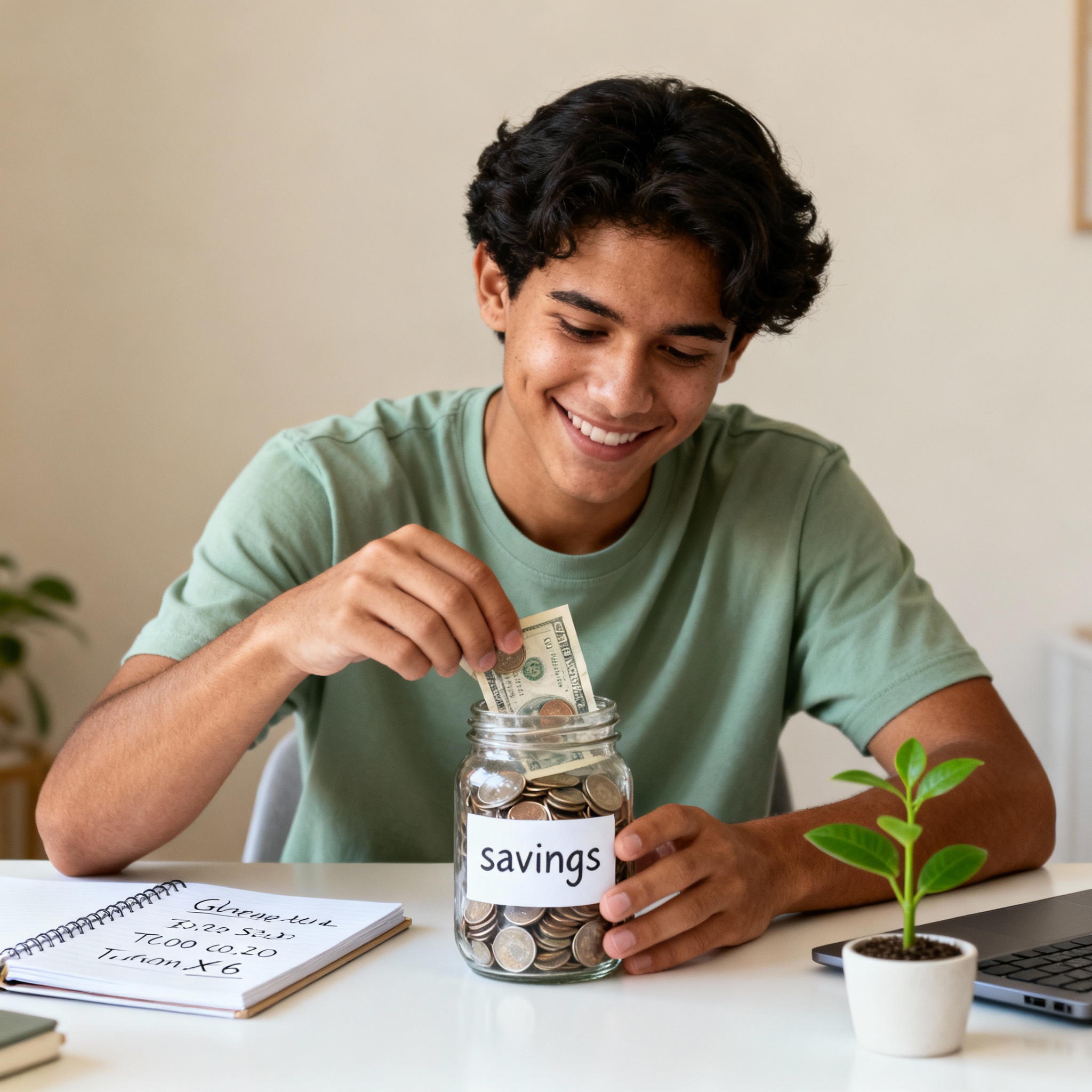 Joven colocando dinero en un frasco de ahorro sobre su escritorio, iniciando su cultura financiera y aprendiendo cómo ahorrar desde joven con el apoyo de Coefra.
