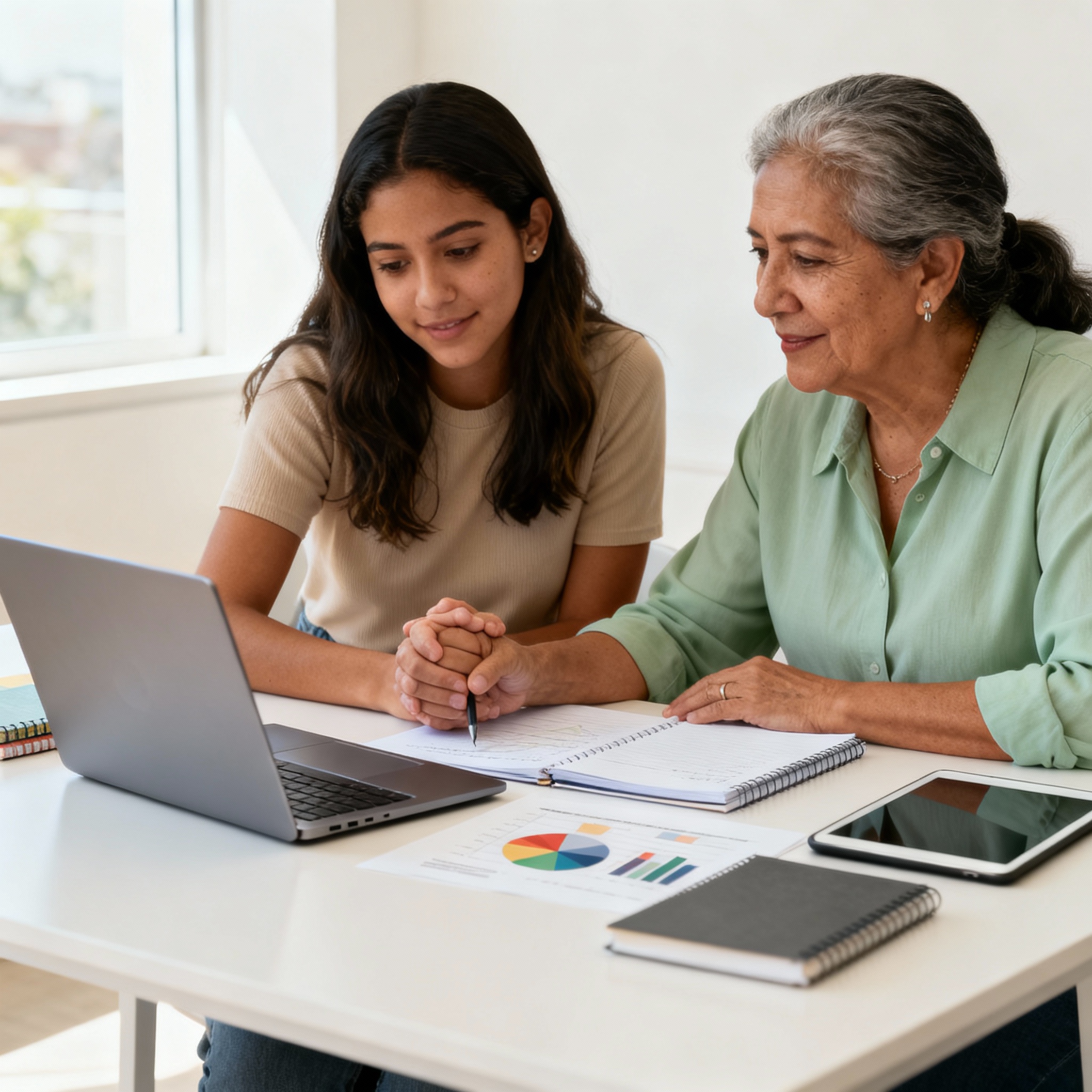 Joven y adulta mayor revisando juntas un plan financiero en un computador, aprendiendo cómo empezar a ahorrar y construir un futuro financiero sólido con Coefra.