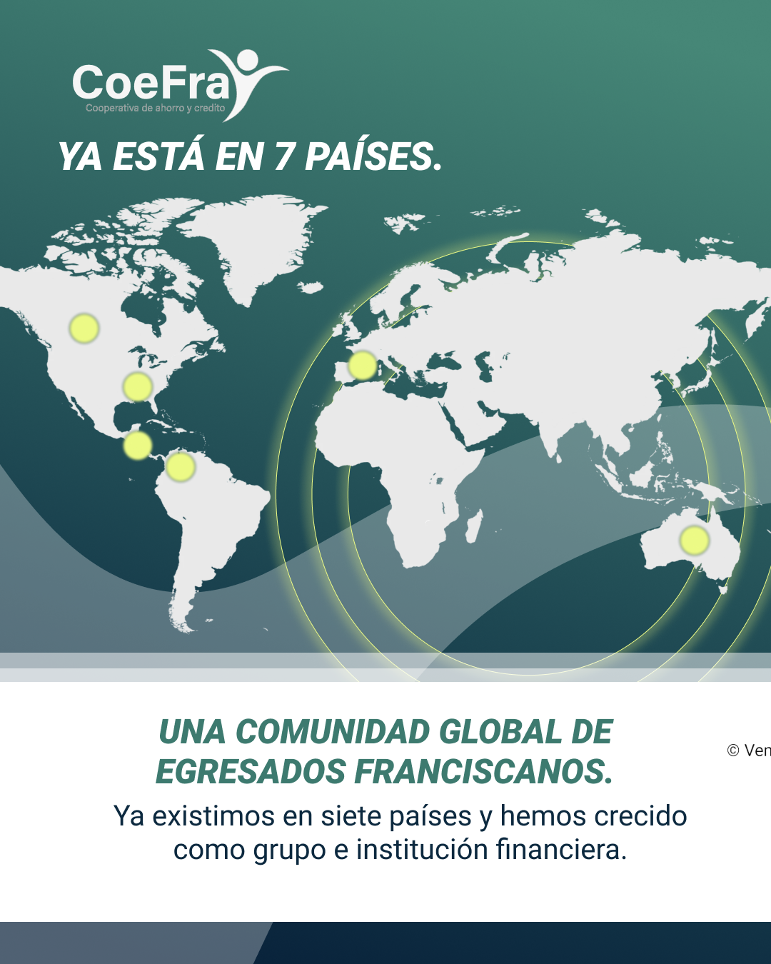 Mapa del mundo con los siete países donde Coefra tiene presencia, destacando su expansión internacional como cooperativa franciscana.