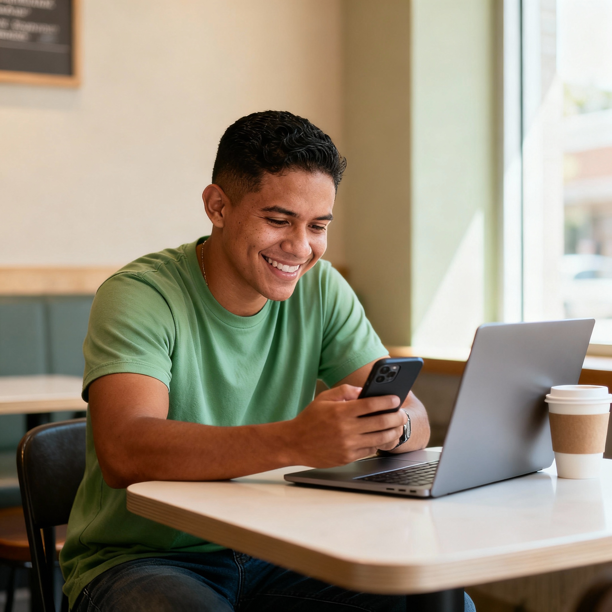 Joven socio de Coefra revisando su cuenta desde el móvil y laptop, disfrutando de los beneficios financieros de una cooperativa global franciscana.