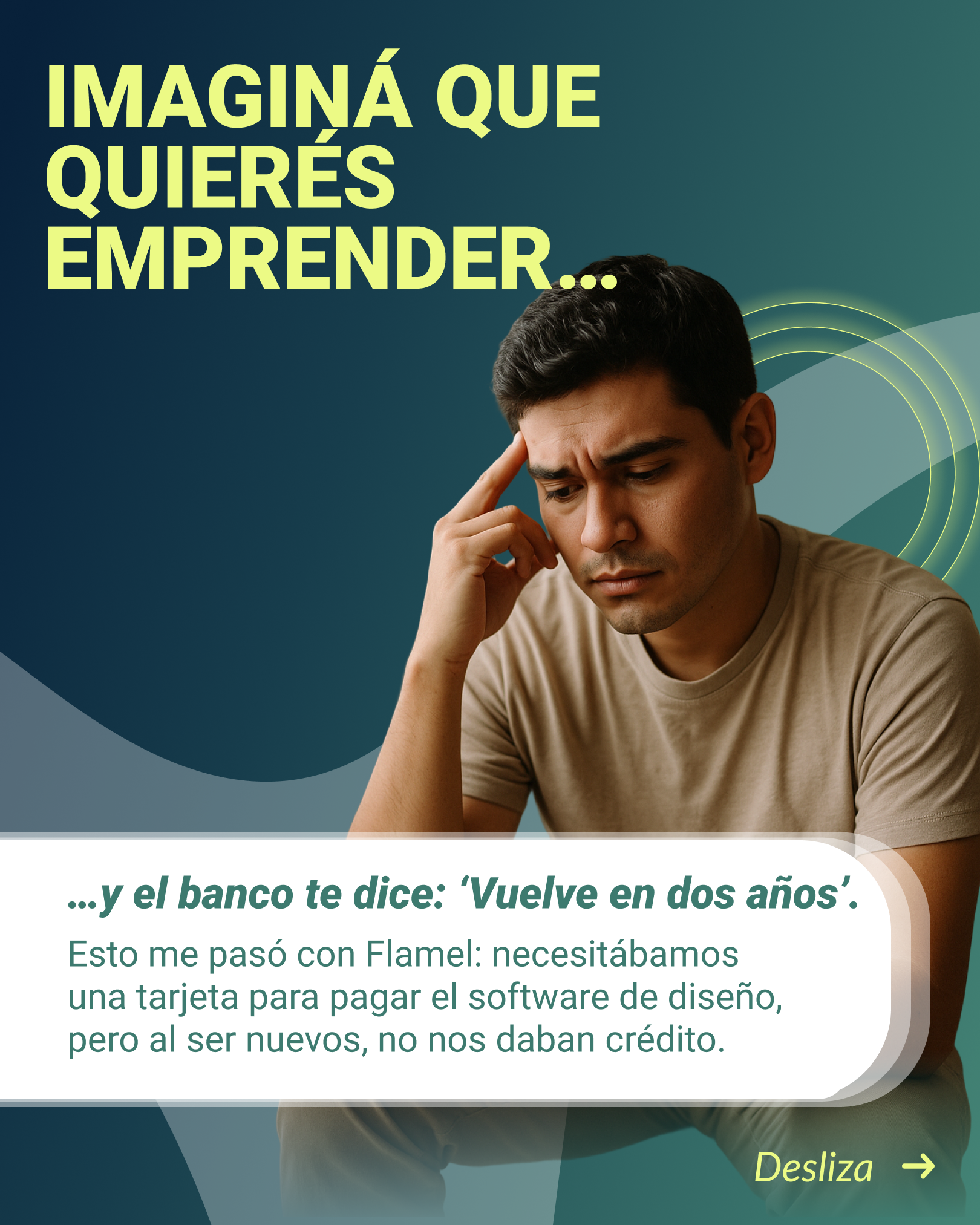 Joven emprendedor pensando cómo financiar su negocio tras ser rechazado por un banco, ilustrando la historia de Flamel y cómo Coefra lo ayudó a obtener su primer Préstamo para emprendedores sin historial crediticio