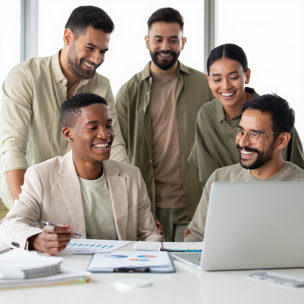 Equipo de jóvenes profesionales trabajando en conjunto frente a un computador, analizando estrategias financieras y emprendiendo con ayuda de la cooperativa Coefra gracias a su Préstamo para emprendedores sin historial crediticio