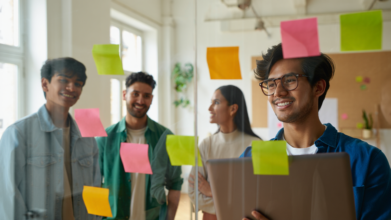Grupo de jóvenes emprendedores latinos planificando ideas de negocio frente a un tablero con notas adhesivas, simbolizando colaboración y emprendimiento con apoyo financiero de Coefra gracias a su Préstamo para emprendedores sin historial crediticio